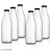 Glass bottles pack of 6 with air tight black lids - Clear and transparent 1L capacity for kitchen and beverage storage