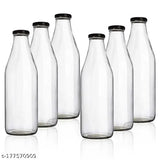 Glass bottles pack of 6 with air tight black lids - Clear and transparent 1L capacity for kitchen and beverage storage
