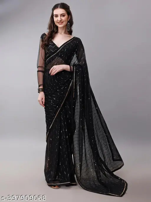 Black Georgette saree with embellished separate blouse, India-made elegance for traditional fashion