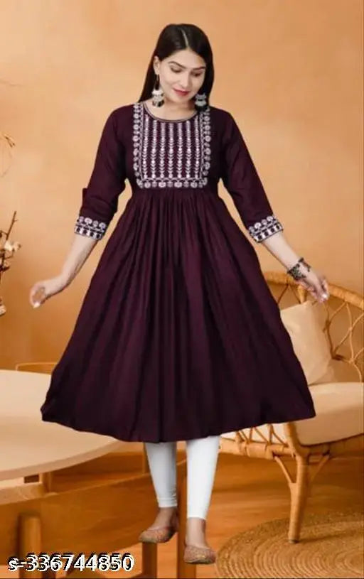 Rayon embroidered flared kurta, three-quarter sleeves, Indian traditional clothing