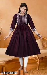 Rayon embroidered flared kurta, three-quarter sleeves, Indian traditional fashion