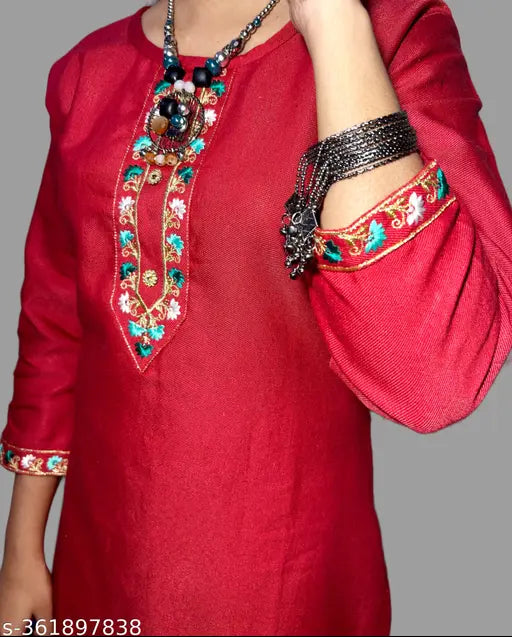 Fancy embroidered wool kurti, solid combo M-XXXL (38in-46in), ideal for winter/casual/festive occasions