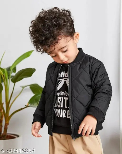 Black kids winter jacket, polyester self-design pack of 1 for boys (3-4yrs to 10-11yrs), India origin