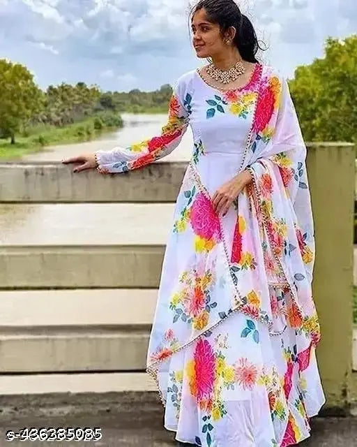 Georgette, long-sleeved women's floral printed ethnic wedding gown with dupatta. Indian-made, high-quality fashion for parties, functions, or office