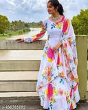 Georgette, long-sleeved women's floral printed ethnic wedding gown with dupatta. Indian-made, high-quality fashion for parties, functions, or office