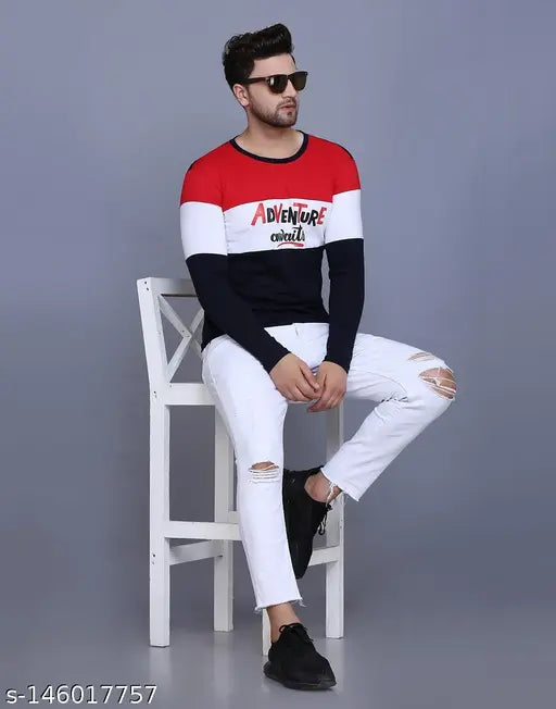 Red cotton blend colorblocked men's full sleeve t-shirt, trendy style and perfect fit