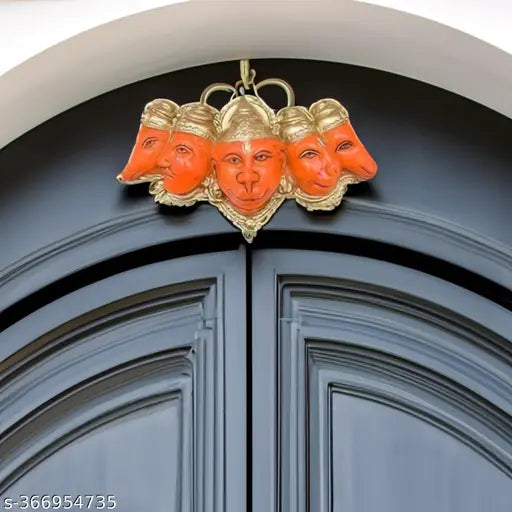 Orange Panchmukhi Hanuman idol, high-quality polyresin and marble powder statue, ideal for door entrance or wall hanging