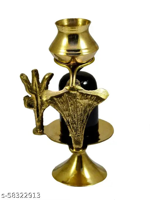 Gold-toned brass Shivling decorative showpiece, intricately detailed Shiva Lingam stand, traditional Indian religious idol
