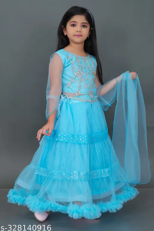 Pink Super Net Lehenga Choli for Girls, long-sleeved with Aari Work and Zari Woven. Beautiful festival dress, ready to wear. Made in India