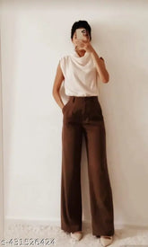 Solid high waist Korean straight trousers for women, stretchable polyester Lycra fabric, suitable for formal & casual wear