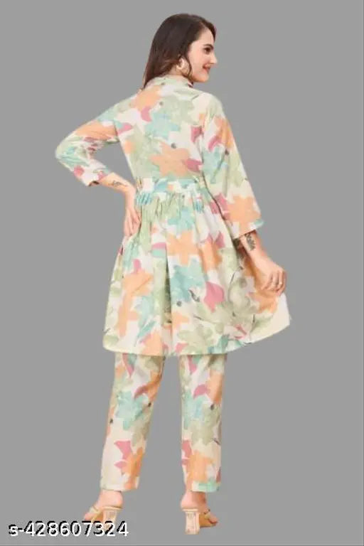 Classy graceful women printed cordset three-quarter sleeves kurta with trousers, Indian fashion for stylish bottomwear