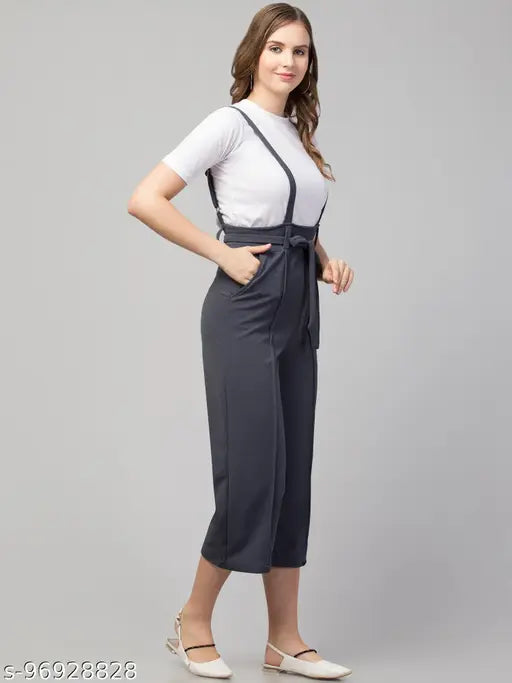 Grey polyester dungarees with white t-shirt, women's casual outfit on mannequin