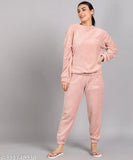Pink solid wood fabric winter nightsuit (wool), women's pajamas with long sleeves and printed net, ideal for sleepwear or loungewear