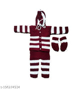 Maroon and white striped soft wool hoodie sweater for baby boys and girls, includes pajama and booties - Indian made