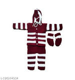 Maroon and white striped soft wool hoodie sweater for baby boys and girls, includes pajama and booties - Indian made