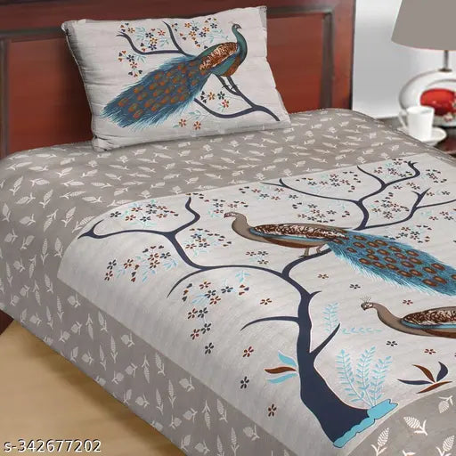 Superfine peacock-patterned cotton single bedsheet with pillow cover, ideal for summer use on a 4ft by 6ft bed