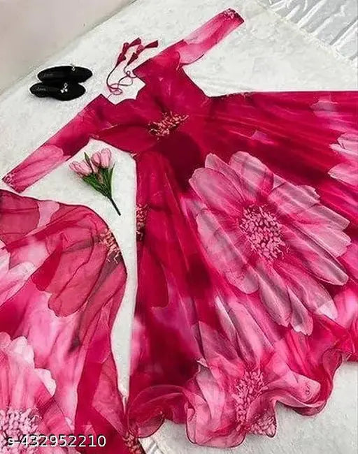 Pretty glamorous printed Georgette gown with long sleeves, full inner cotton lining, umbrella flair, and contrast silk dupatta – Indian women's fashion