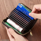 Grey faux leather multi-card holder with 5 compartments for credit cards, drivers license, and coins, compact design, zipper closure, checkered pattern
