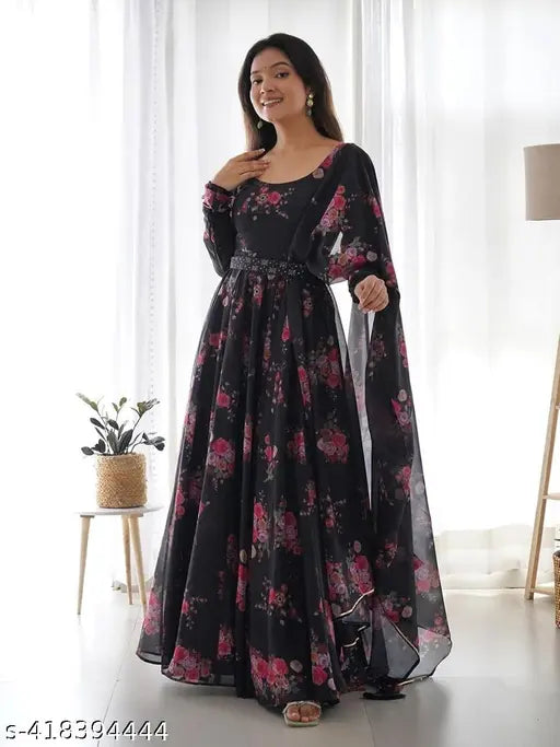 Black pink flower printed georgette gown, premium export quality lace dupatta, suitable for great women and girls party wear