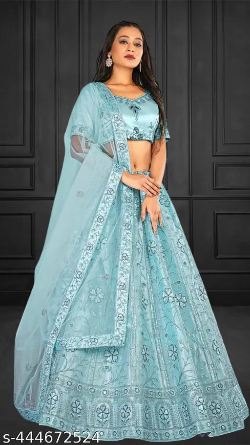 Sky Blue Embroidered Net Lehenga Choli Set - Unstitched Blouse & Dupatta, Free Size with 2.5m dupatta length, perfect for parties, weddings, festivals, and regular occasions