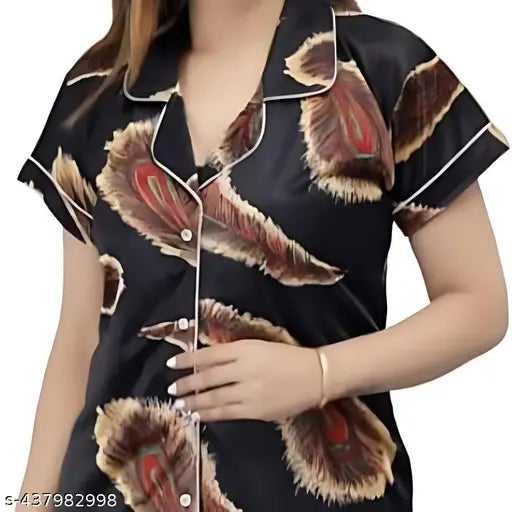 High-quality black satin printed nightsuit set for women & girls, comfortable loungewear with stylish print design