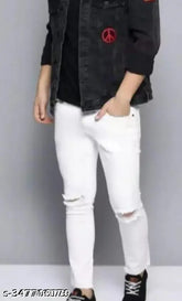 White cotton blend flaying men's knee-slit jeans, solid net style, size 28/30/32 from India