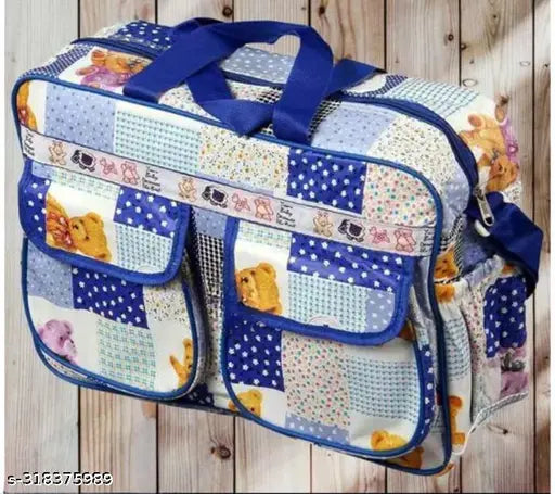 Blue polyester diaper bag, multipurpose mother bag for newborn baby with changing compartments, diaper holder, and cotton fabric