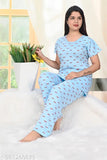 SkyBlue women's cotton-blend printed night suit set: top and pyjama, featuring short sleeves and relaxed fit