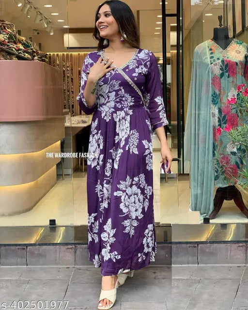 Rayon angrakha design kurti for women's party wear, printed combo - India
