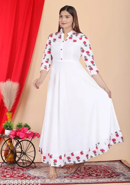 Elegant Viscose Rayon Sapna Kurti, three-quarter sleeve, solid print anarkali gown, casual wear for women, India origin