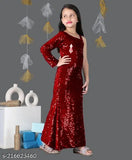 Velvet sequin gown for parties by Sifrila, embroidered net one-shoulder design, suitable for girls aged 4-8 years old, Indian origin