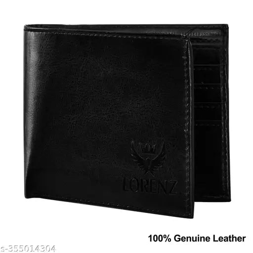 Black faux leather bi-fold wallet for men by Lorenz (WL-64), featuring 6 card slots and 2 currency compartments in free size