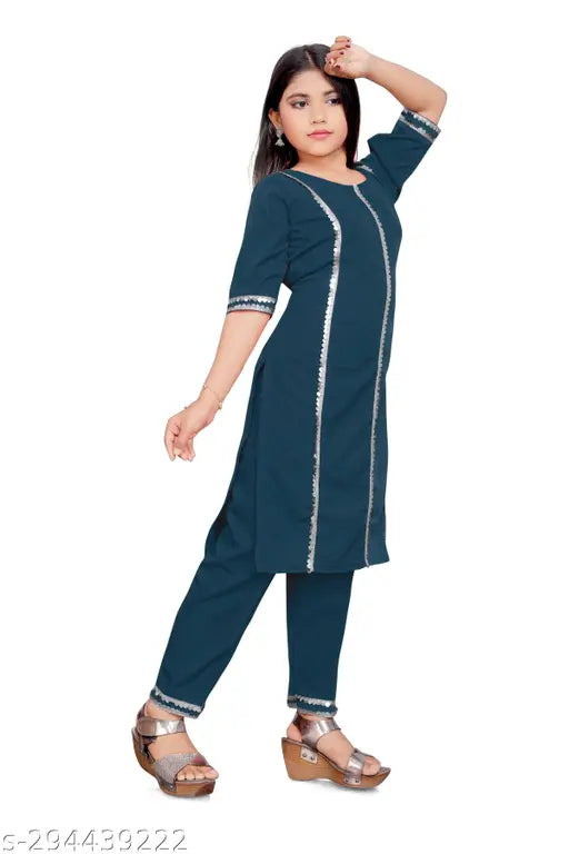 Embellished A-line palazzo kurta set in crepe fabric for girls aged 7-16 years, India origin