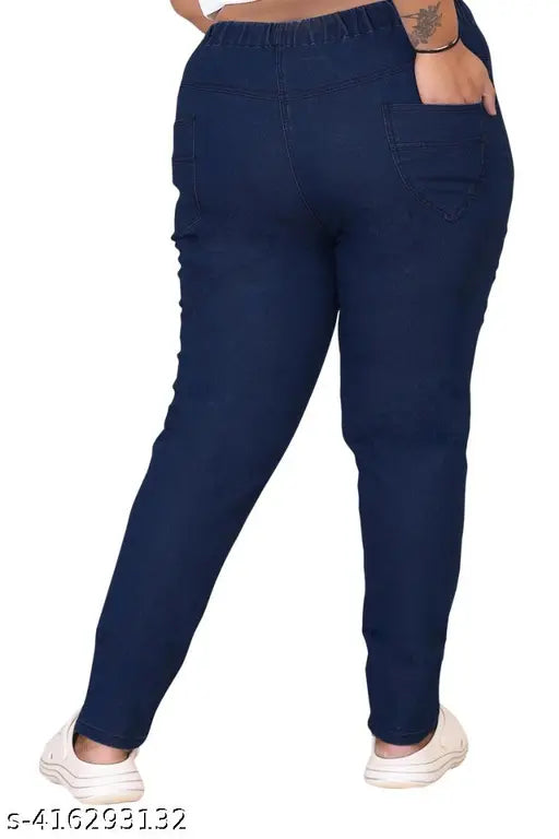 Blue plus-size denim jeggings with premium quality, stretchable fabric and solid pattern. Length: 40 inches. Made in India