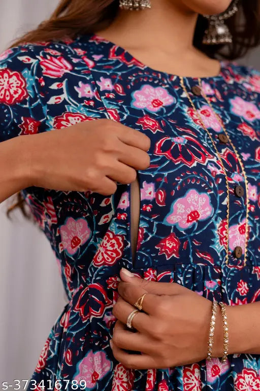 Breathable cotton, three-quarter sleeve feminine maternity kurti with invisible vertical zippers for easy breastfeeding access, printed combo design, suitable for home and office wear. Available in sizes M-XXXXL. Made in India