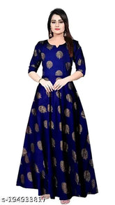 Trendy rayon gown, three-quarter sleeves, printed combo in vibrant Indian design