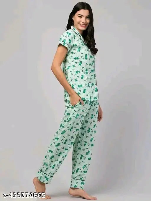 Floral printed cotton nightsuit for girls & women, trendy self-matching bottom with short sleeves, beautiful floral print on display