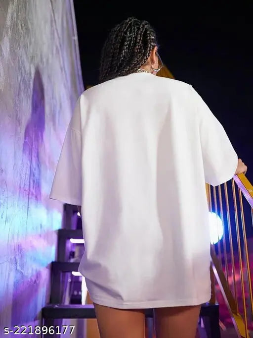 Cotton blend oversized round neck print t-shirt for women, calm down design on loose fit, India origin