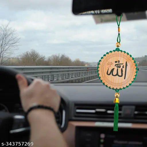 Green wood Allah prayer showpiece for car interior, durable religious idol with big hanging threads