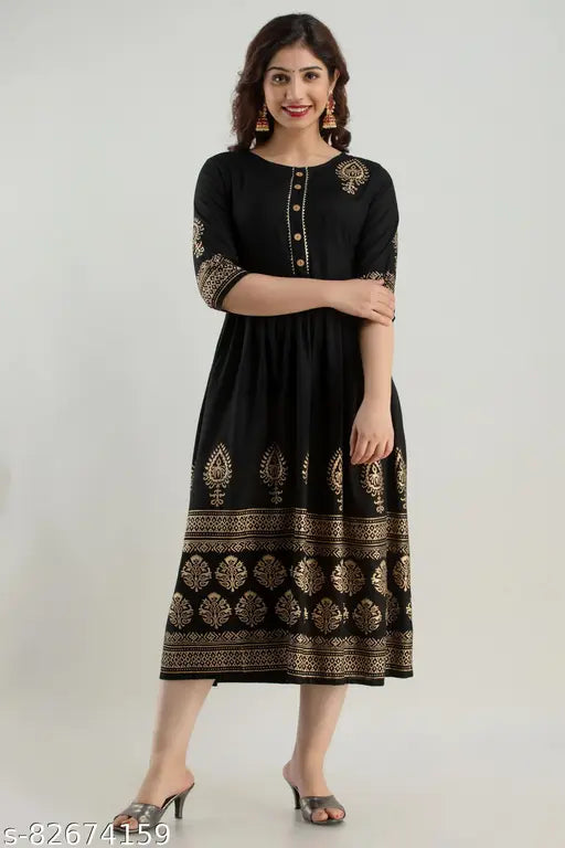 Rayon printed long flared Anarkali Kurti, three-quarter sleeves, black design - Indian women's fashion