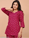 Maroon rayon nightsuit top and plazzo set, printed design for women's sleepwear, viscose rayon fabric