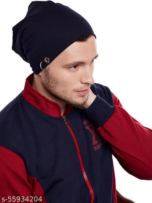 Men's navy blue cotton beanie cap by Vimal Jonney, solid pattern