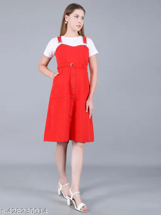 Red striped cotton dungaree dress, adjustable belt pinafore for beach travel & casual wear - Made in India