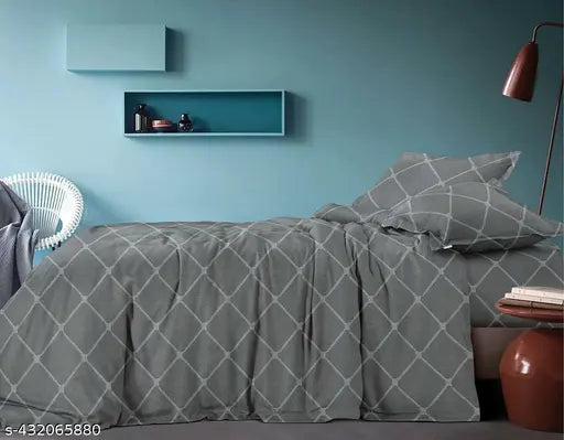 Grey DWORTH Premium 300TC Checkered Pattern King Size Bed Sheet with 2 Pillow Covers, ideal for summer and adults, machine washable