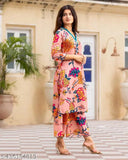 Trendy printed cotton blend kurta & palazzo set, perfect for all occasions, India origin