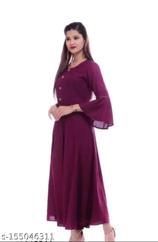 Rayon solid flared kurti for women, trendy ethnic three-quarter sleeve dress from India