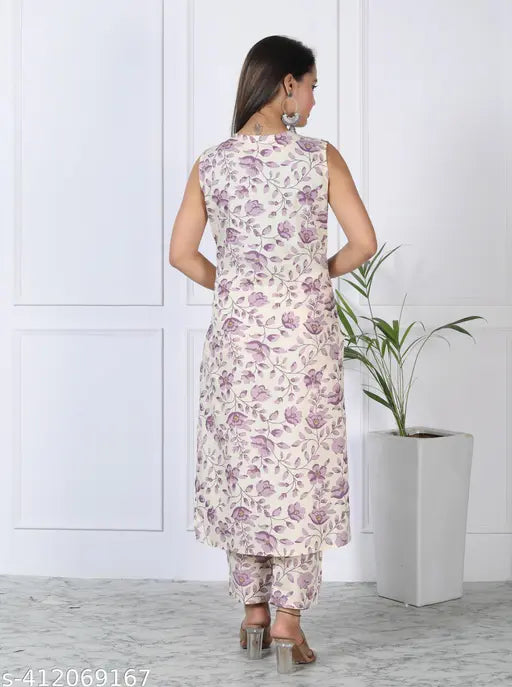 Purple rayon floral printed kurta with sharara bottom set for party wear, sleeveless, single size available