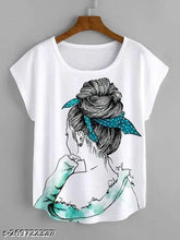 Polyester round neck casual printed women's t-shirt, short sleeves, vibrant pattern. (S: bust 34in, length 23in / M: bust 36in, length 24in / L: bust 38in, length 25in / XL: bust 40in, length 26in / XXL: bust 42in, length 26in) India-made