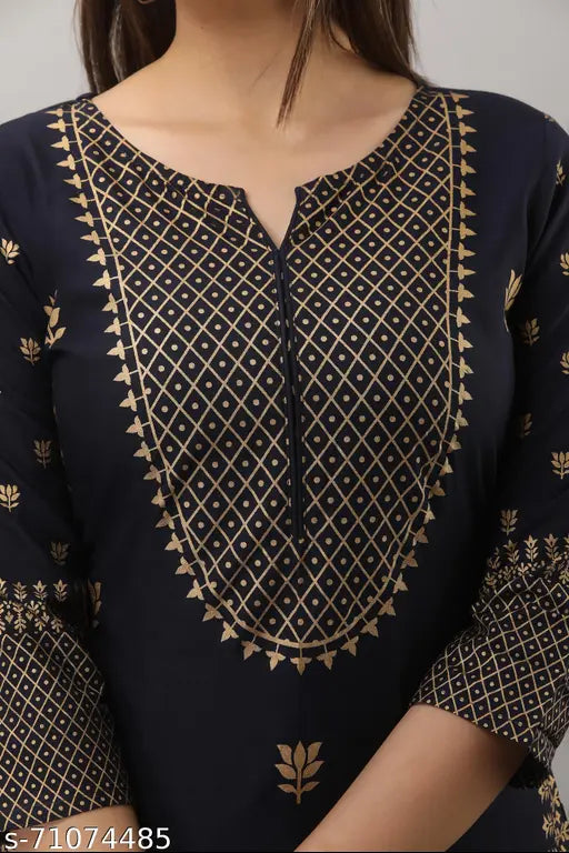 Women's Rayon Gold Panel Printed Straight Kurta with Solid Sharara Set of 2, Indian-inspired fashion for diverse skin tones