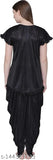 Pink Hub Women's Solid Black Satin Night Suit Set with lace detail & ruffles, India origin